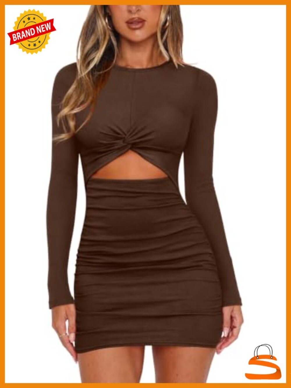 Ribbed Bodycon Mini Dress Twist Front Cutout Long Sleeve Party